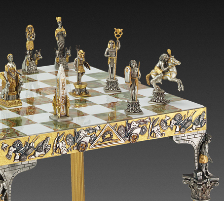 Gold Silver Roman Vs Egyptians Chess Set With Glass Board 
